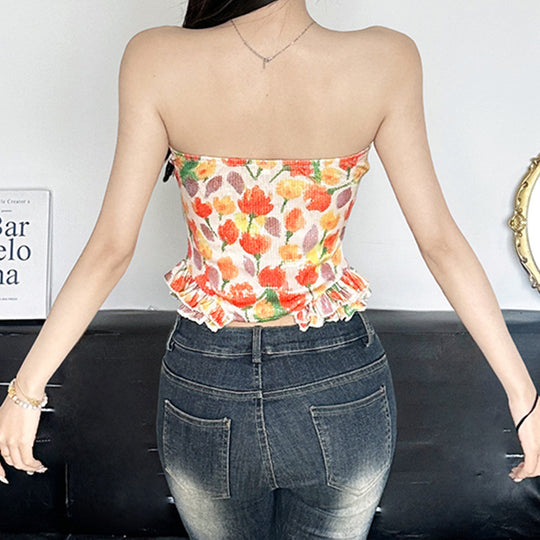 Damen Bustier-Top mit floralem Glitzerdesign und Rüschensaum EB