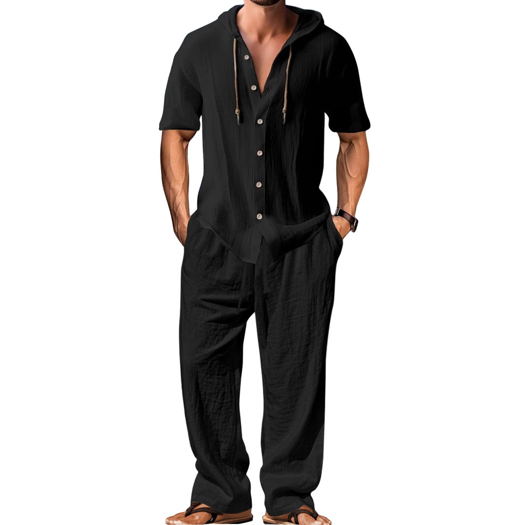 Herren nan luftiges Leinen-Lounge-Set mit kurzärmeligem Kapuzenhemd und gerader Relaxhose EB
