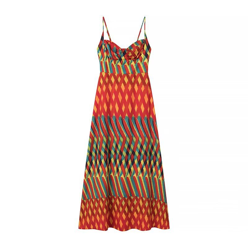 Damen Maxikleid mit auffälligem geometrischen Muster und verstellbaren Spaghetti-Trägern EB