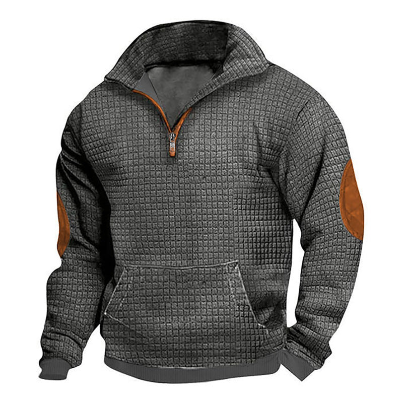 Herren nan thermoregulierender Waffelstrick-Halbzippullover mit Kängurutasche und Lederimitat-Ellbogenpatches EB