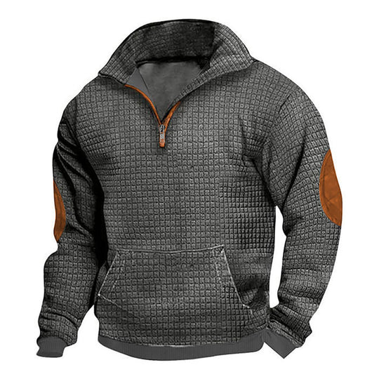 Herren nan thermoregulierender Waffelstrick-Halbzippullover mit Kängurutasche und Lederimitat-Ellbogenpatches EB
