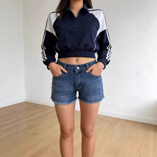 Damen lässige Jeansshorts mit ausgefranster Saumkante und hohem Bund EB