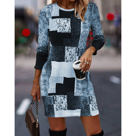 Damen Strickkleid mit modernem geometrischen Muster und langen Ärmeln EB