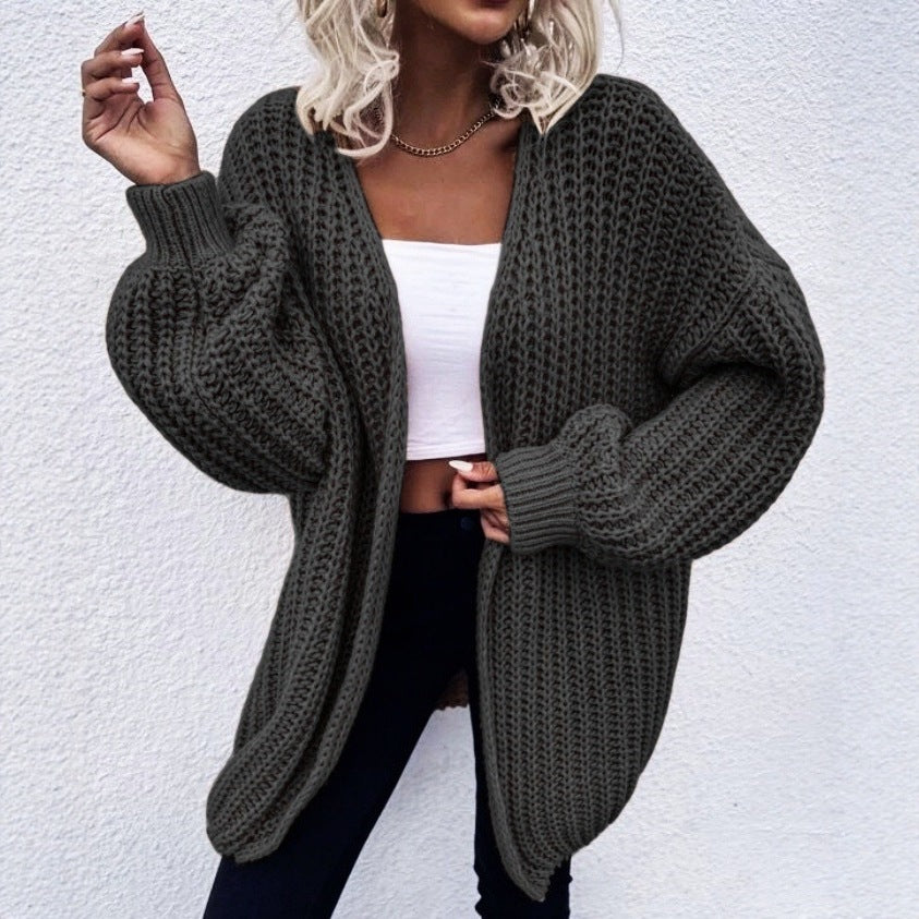 Damen lässiger Grobstrick-Cardigan mit tiefen Taschen und voluminösen Ärmeln EB