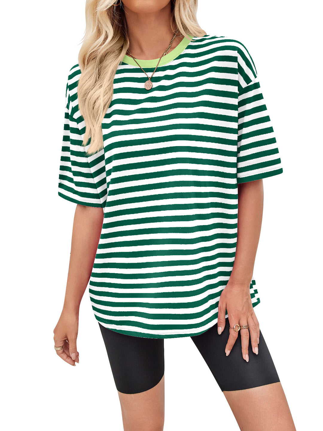 Damen gestreiftes Oversize T-Shirt mit Rundhalsausschnitt und Kontrastdetails EB