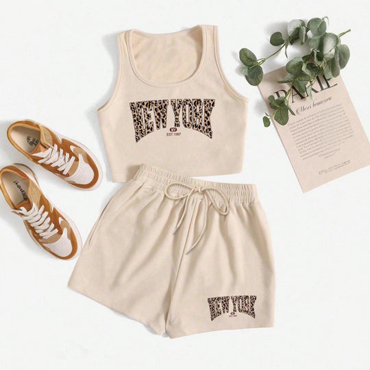 Damen Sportliches Zweiteiler Set mit Top und Shorts EB