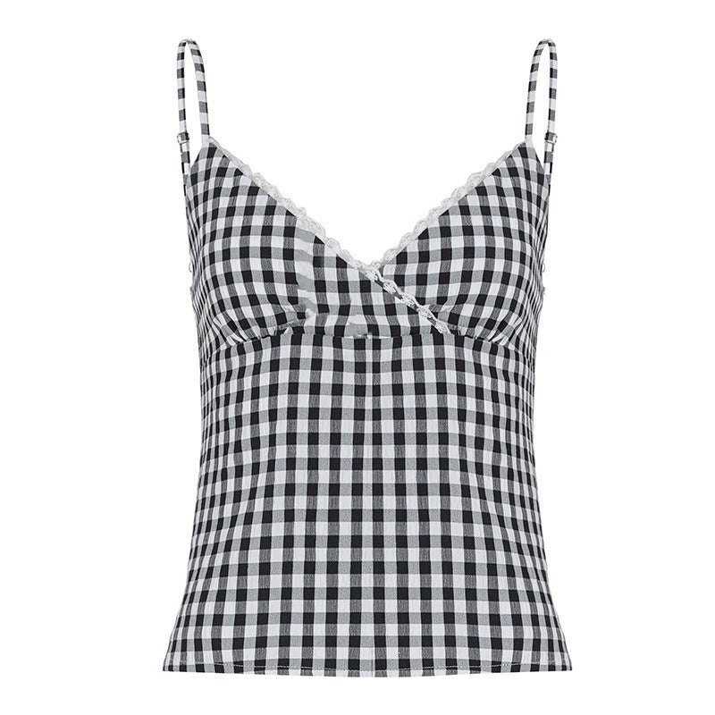 Damen V-Ausschnitt Vichy-Trägertop mit Spitzendetails EB