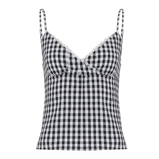 Damen V-Ausschnitt Vichy-Trägertop mit Spitzendetails EB