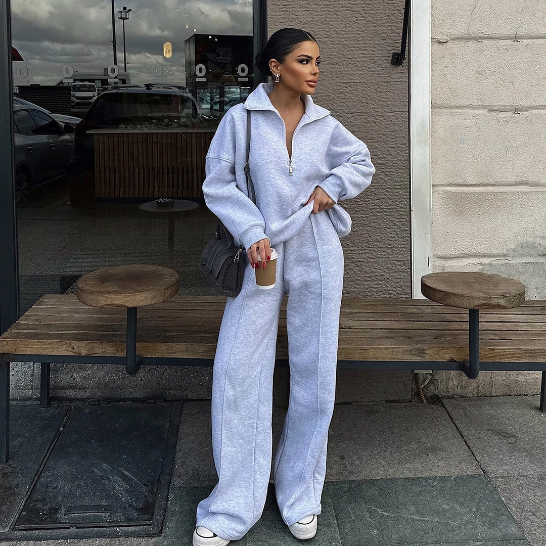 Damen Oversized Fleece-Lounge-Set mit Halb-Reißverschluss und weiten Jogginghosen EB