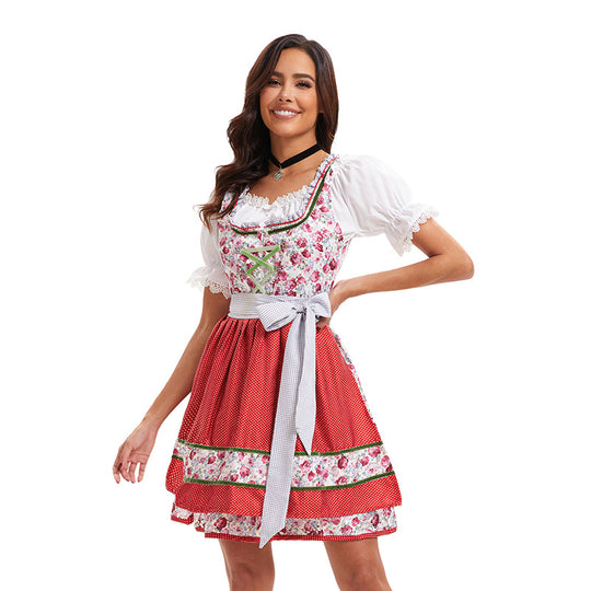 Damen nan kurzes traditionelles Dirndlkleid mit Spitzenbluse, Schnürung und dekorativer Schürze EB