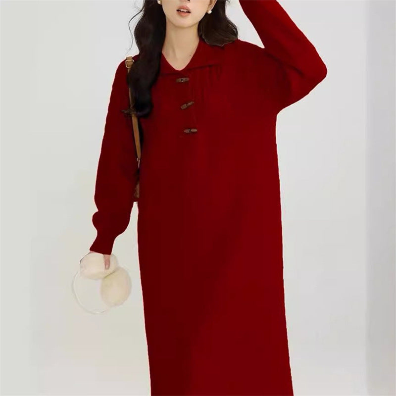 Damen Strickkleid mit Kragen und Knopfdetails EB
