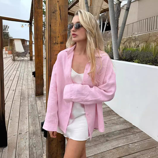 Damen Leinenhemd mit lässigem Schnitt und oversized Ärmeln EB