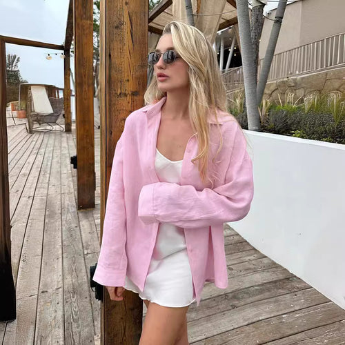 Damen Leinenhemd mit lässigem Schnitt und oversized Ärmeln EB