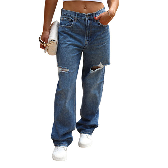 Damen lässige Boyfriend Jeans im Vintage-Stil mit auffälligen Rissen EB