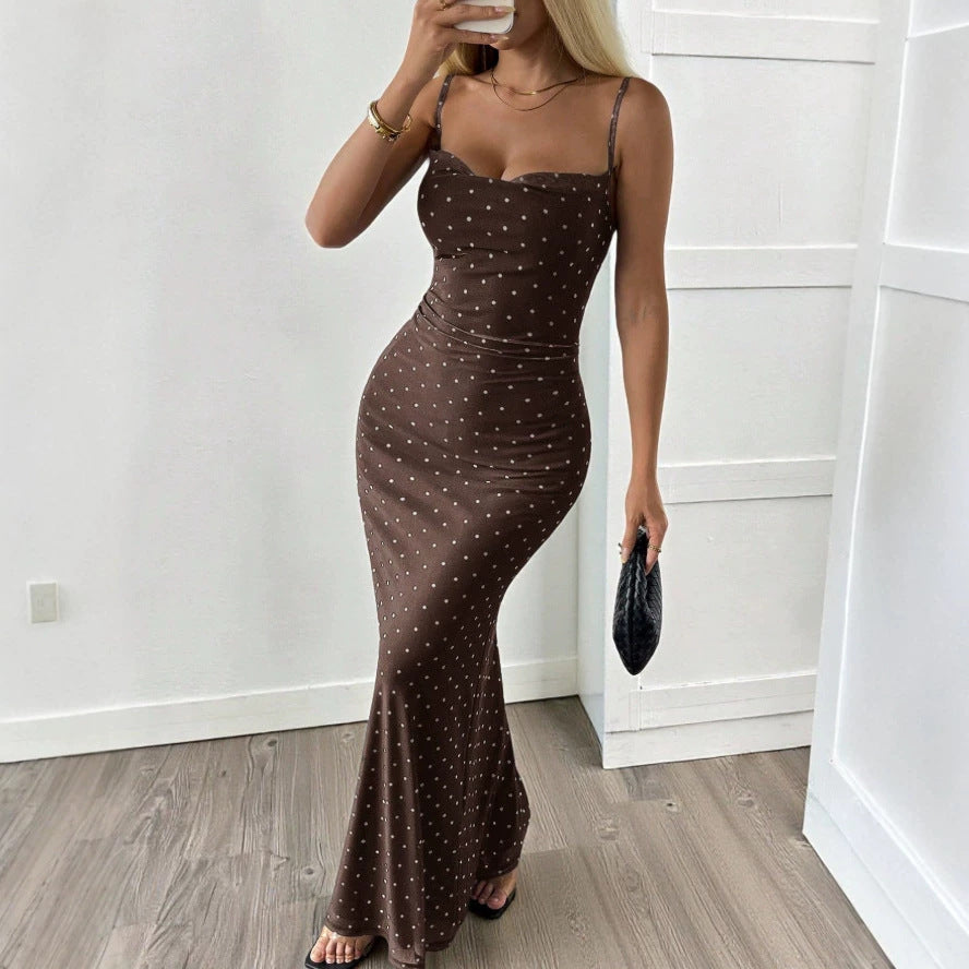 Damen Figurbetontes Maxikleid mit Polkadots und trägerlosem Design EB