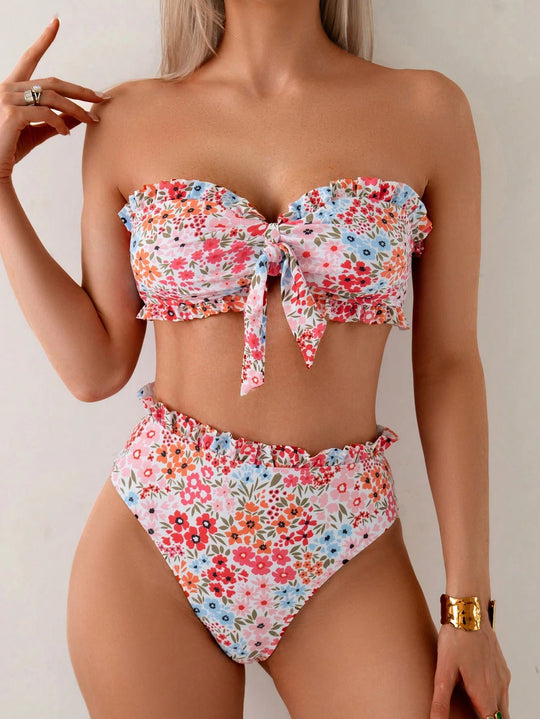 Damen Bikini-Set mit romantischen Rüschendetails und hohem Taillenbund EB