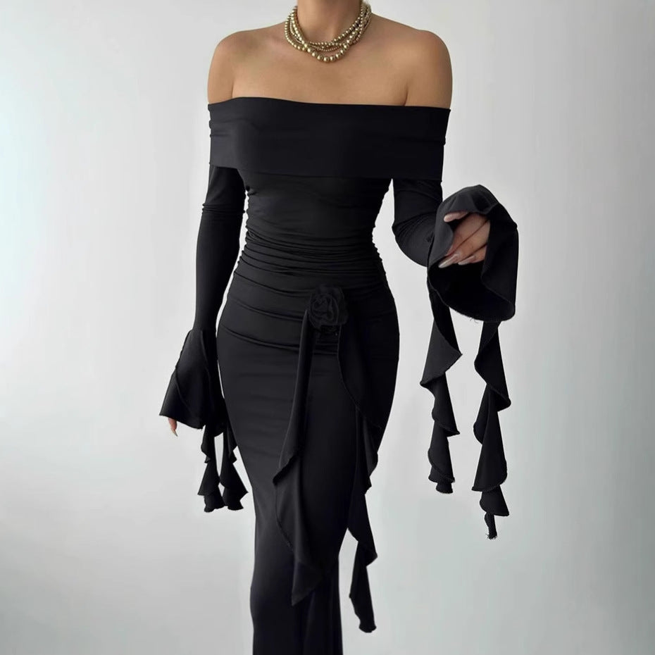 Damen Elegantes Off-Shoulder Maxikleid mit Rüschendetails und figurbetonter Silhouette EB