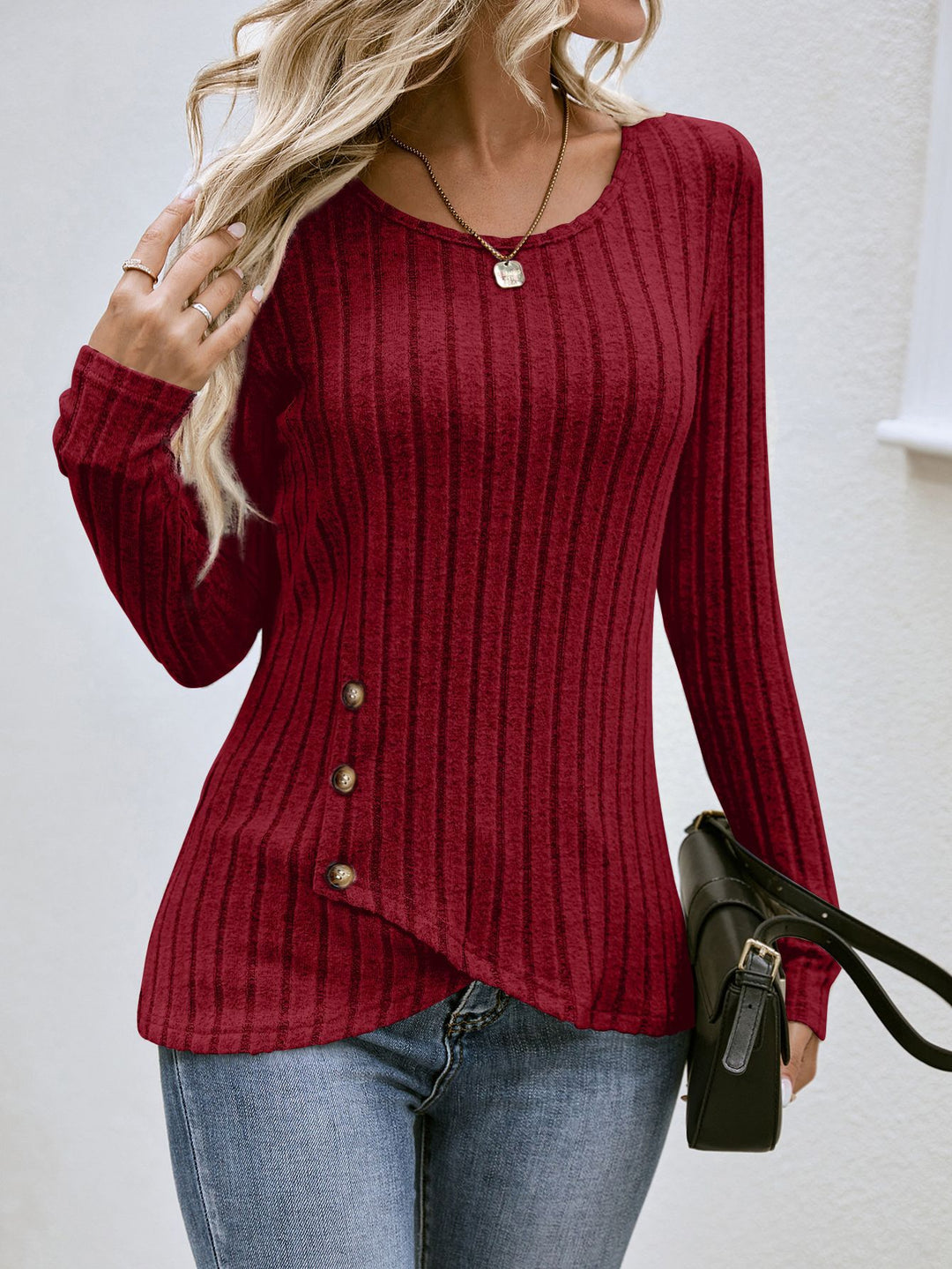Damen lässiger asymmetrischer Pullover mit Knopfdetails EB