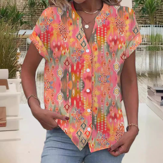 Damen Kurzarmbluse mit kunstvollem Ikat-Design Heidi-Mode