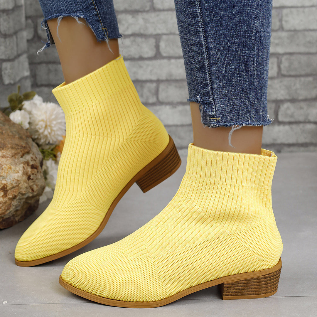 Damen nan gestrickte Sock-Ankleboots mit elastischem Schaft und niedrigem Holzblockabsatz EB
