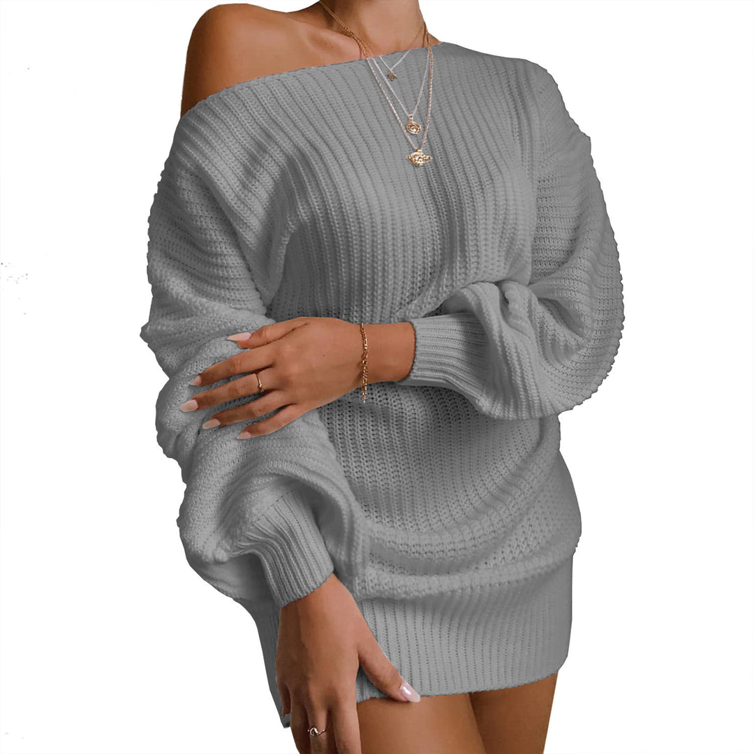 Damen Strickkleid mit schulterfreiem Design und voluminösen Ärmeln EB