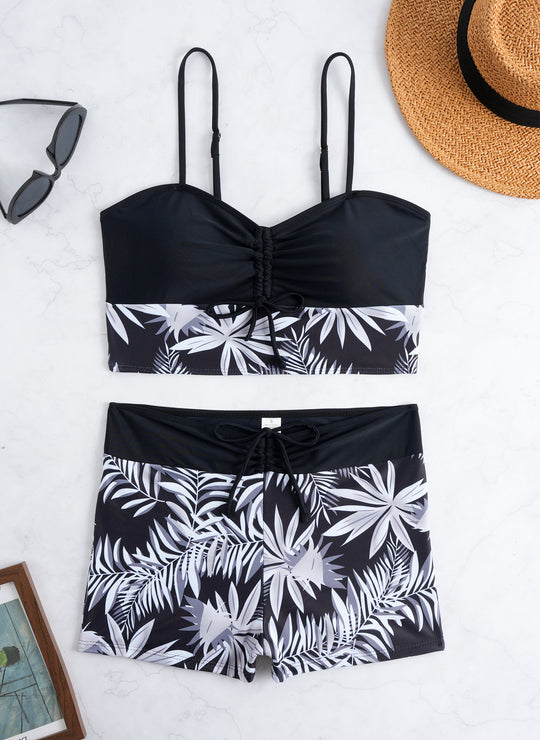 Damen Bikini-Set mit modischer Raffung und hoch taillierter Shorts EB