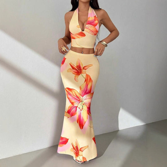Damen Zweiteiliges Sommeroutfit mit floralem Design und elegantem V-Ausschnitt EB