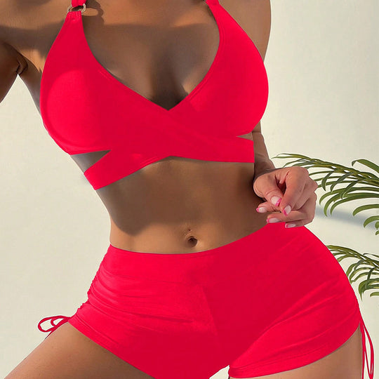 Damen Bikini-Set mit stylischem Cross-Design und hoch geschnittenem Shorts EB