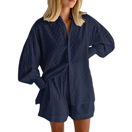 Damen lässiges Hemd-Shorts-Set mit elegantem Webmuster EB
