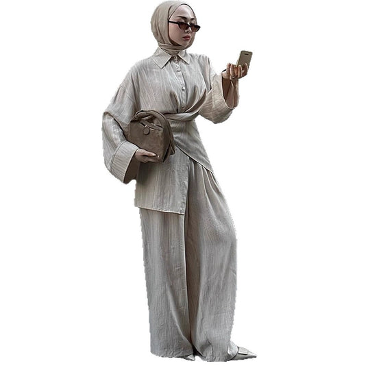 Damen elegantes und modisches Zweiteiler-Set mit hochtaillierter Hose und Hemd EB