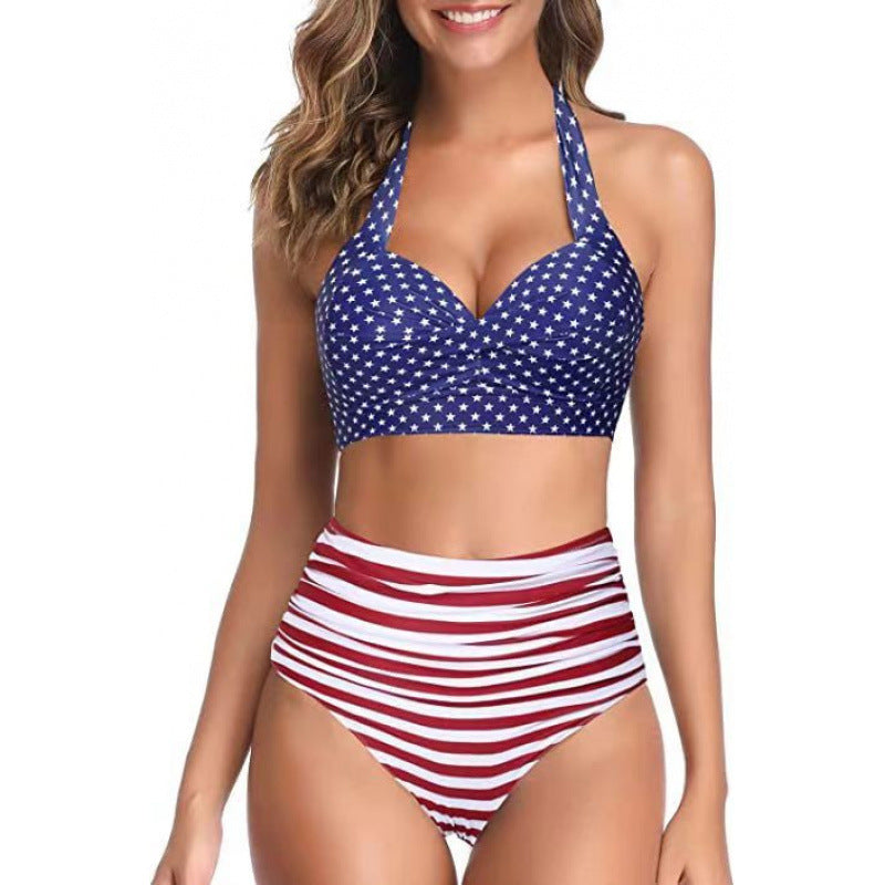 Damen Hochtaillierter Karobikini mit gerafftem Oberteil EB