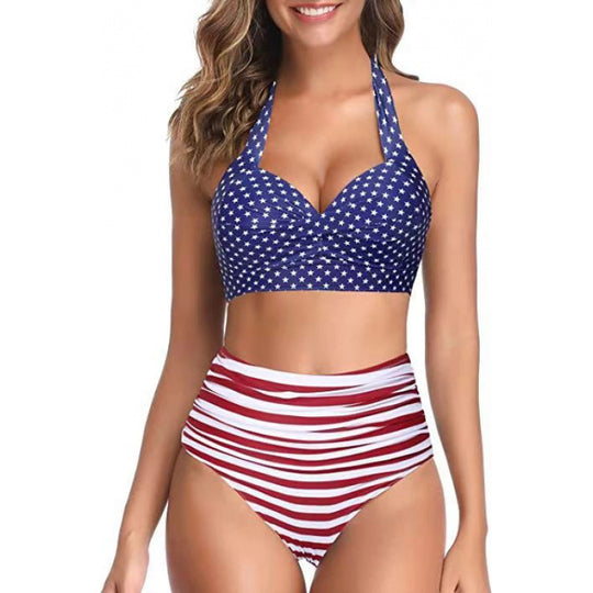 Damen Hochtaillierter Karobikini mit gerafftem Oberteil EB