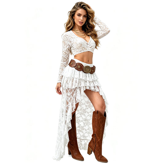 Damen nan Spitzen Crop Top mit V-Ausschnitt und langen Ärmeln EB