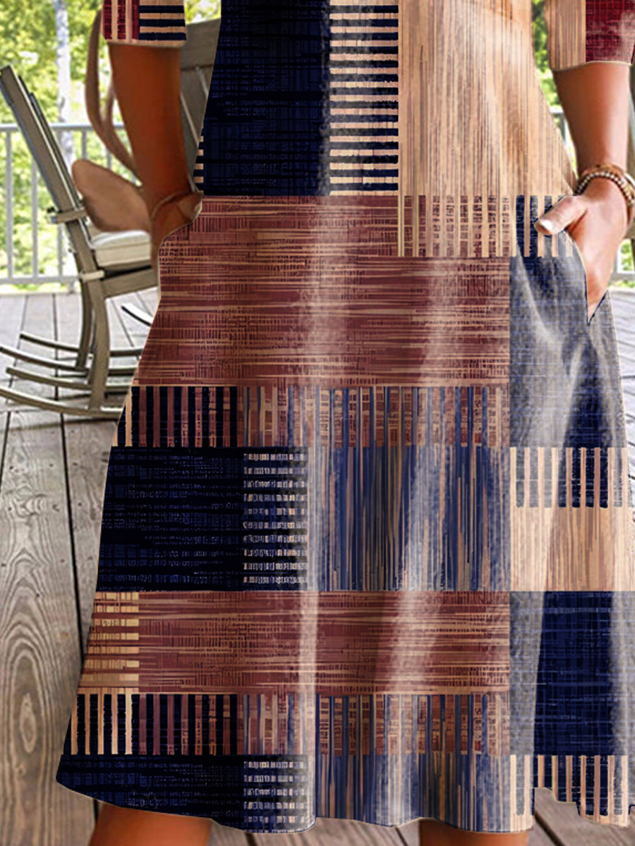 Damen Midikleid mit modernem Blockmuster und praktischen Seitentaschen EB