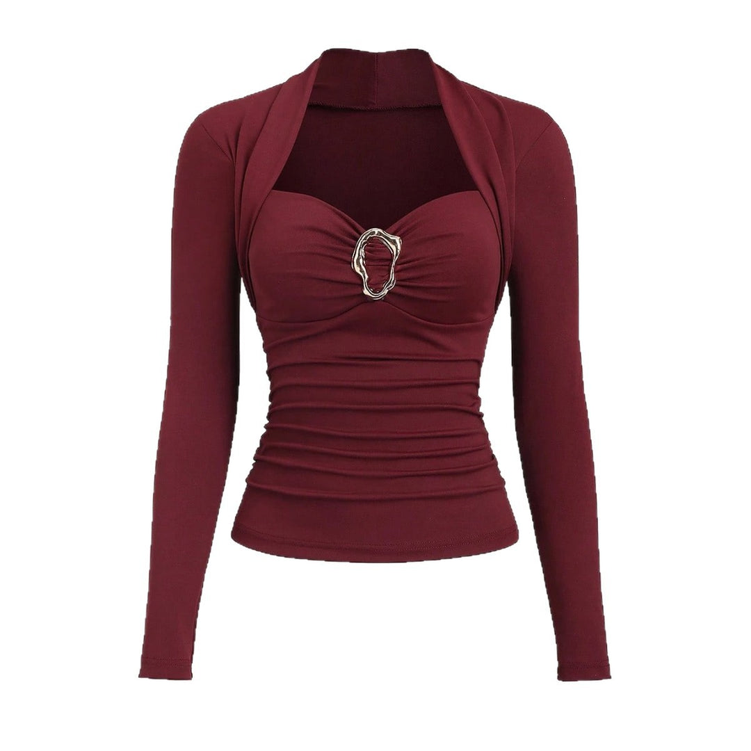 Damen nan figurbetontes Raffung-Top mit herzförmigem Dekolleté, Bustier-Optik und goldener Schmuckklemme EB