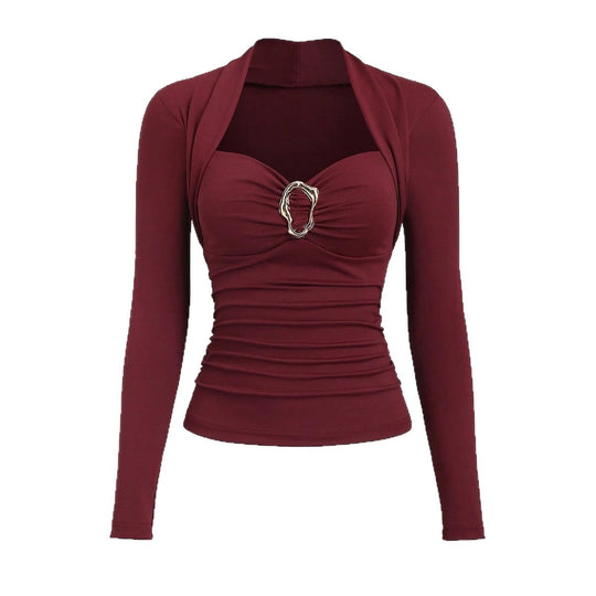 Damen nan figurbetontes Raffung-Top mit herzförmigem Dekolleté, Bustier-Optik und goldener Schmuckklemme EB