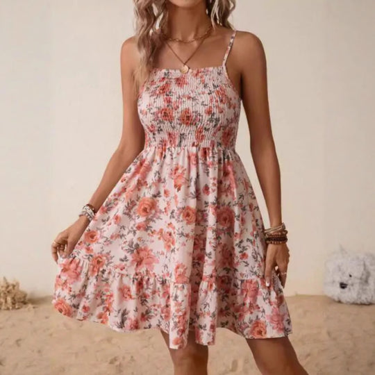 Damen florales Sommerkleid mit gerafftem Oberteil und schwingendem Saum EB