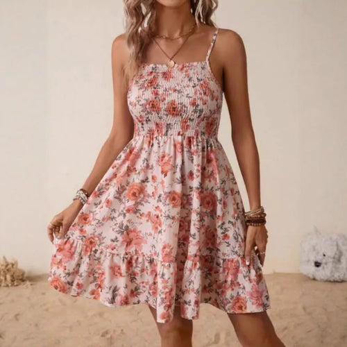 Damen florales Sommerkleid mit gerafftem Oberteil und schwingendem Saum EB