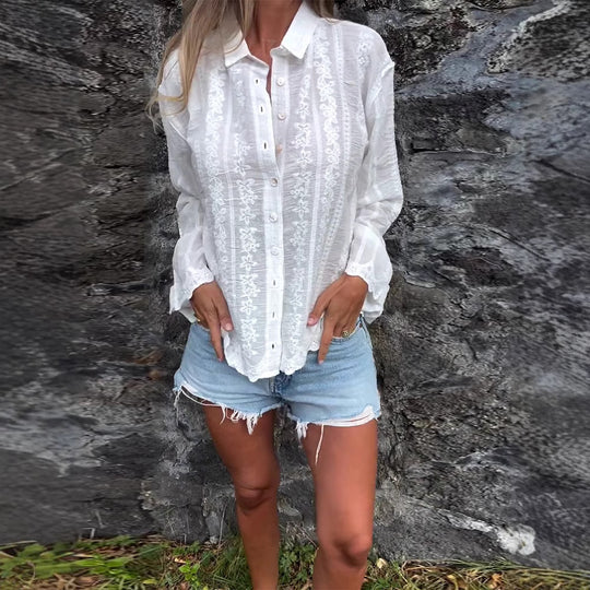 Damen elegante gestickte Bluse mit Knopfleiste und langen Ärmeln Heidi-Mode