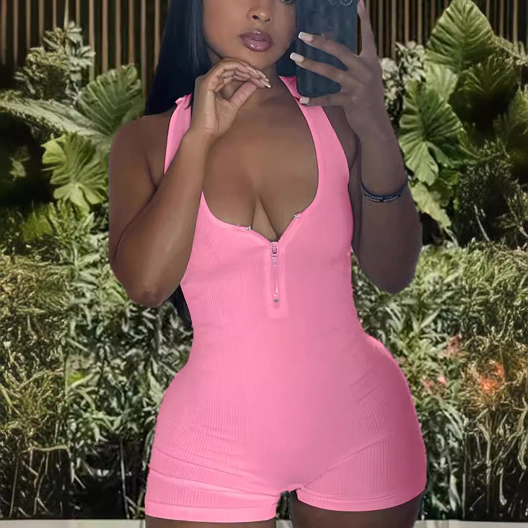 Damen Jumpsuit mit tiefem Ausschnitt und Reißverschluss EB