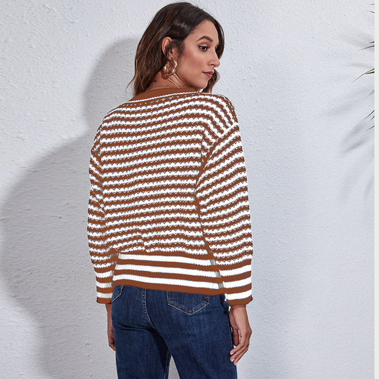 Damen Grobstrickpullover mit modischem Wellenmuster und weitem Schnitt EB