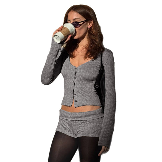 Damen nan geripptes Lounge-Set mit U-Ausschnitt Cropped-Cardigan und Highwaist-Shorts EB