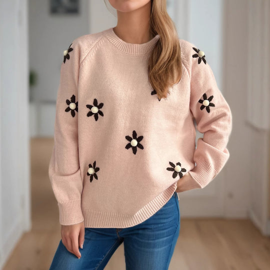 Damen Strickpullover mit floralen Applikationen und lässigem Schnitt EB