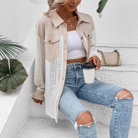 Damen elegante und lässige Strickjacke mit Spitzenelementen EB