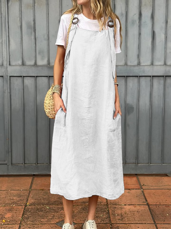 Damen lässiges Leinenkleid mit praktischen Taschen und verstellbaren Trägern EB