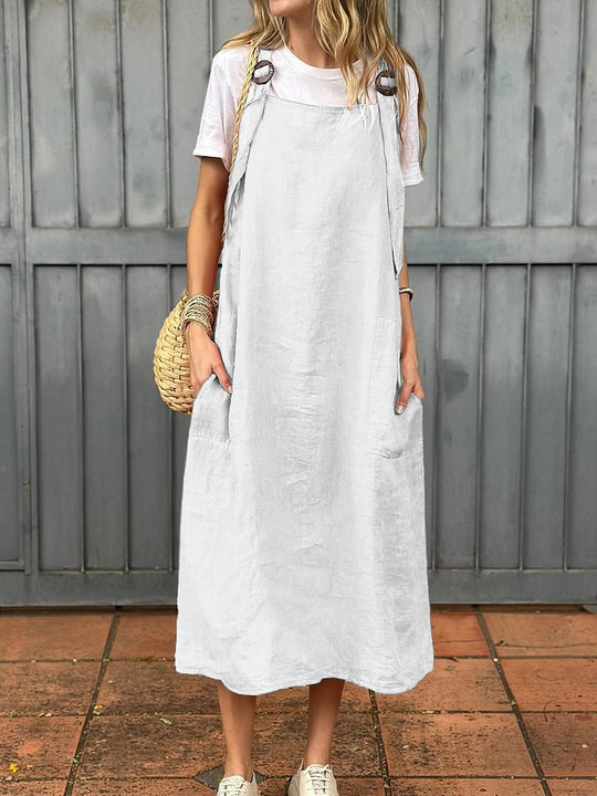 Damen lässiges Leinenkleid mit praktischen Taschen und verstellbaren Trägern EB