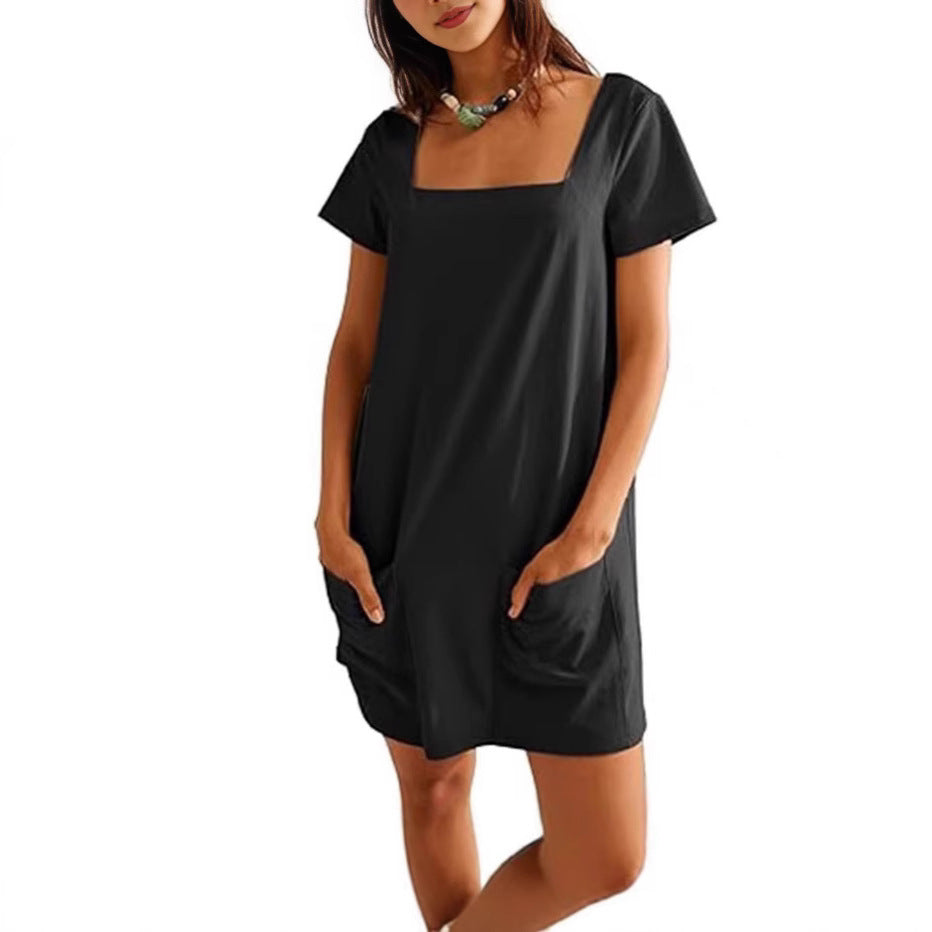 Damen lässiges Tunika-Kleid mit praktischen Taschen und Quadrat-Ausschnitt EB
