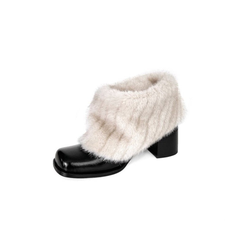 Damen Elegante Stiefeletten mit luxuriösem Kunstfellkragen und bequemem Blockabsatz EB