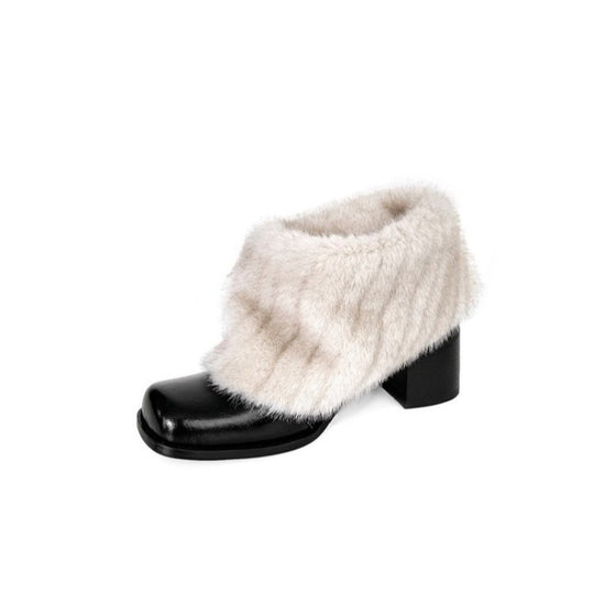 Damen Elegante Stiefeletten mit luxuriösem Kunstfellkragen und bequemem Blockabsatz EB