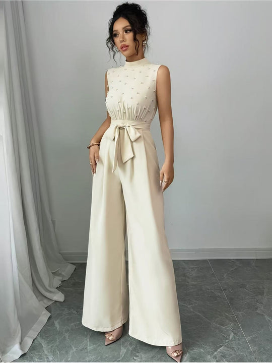 Damen Eleganter Jumpsuit mit Perlenbesatz, Stehkragen und weitem Palazzo-Bein EB